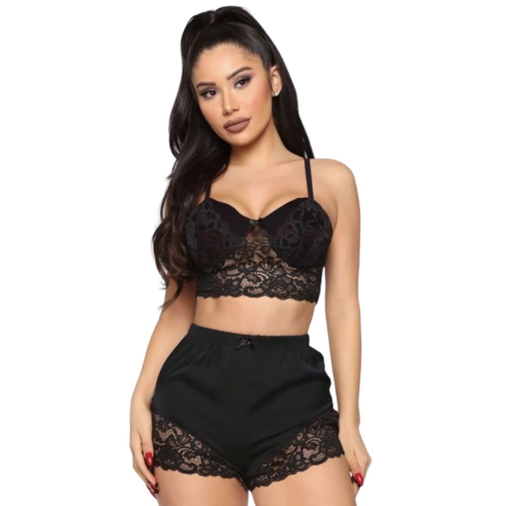 Fantasy Wear Dantel Bralet Fantazi Saten Şortlu Takım Siyah L/XL