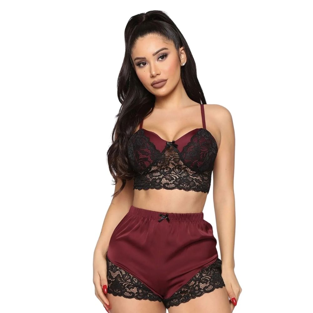 Fantasy Wear Dantel Bralet Fantazi Saten Şortlu Takım Bordeaux L/XL