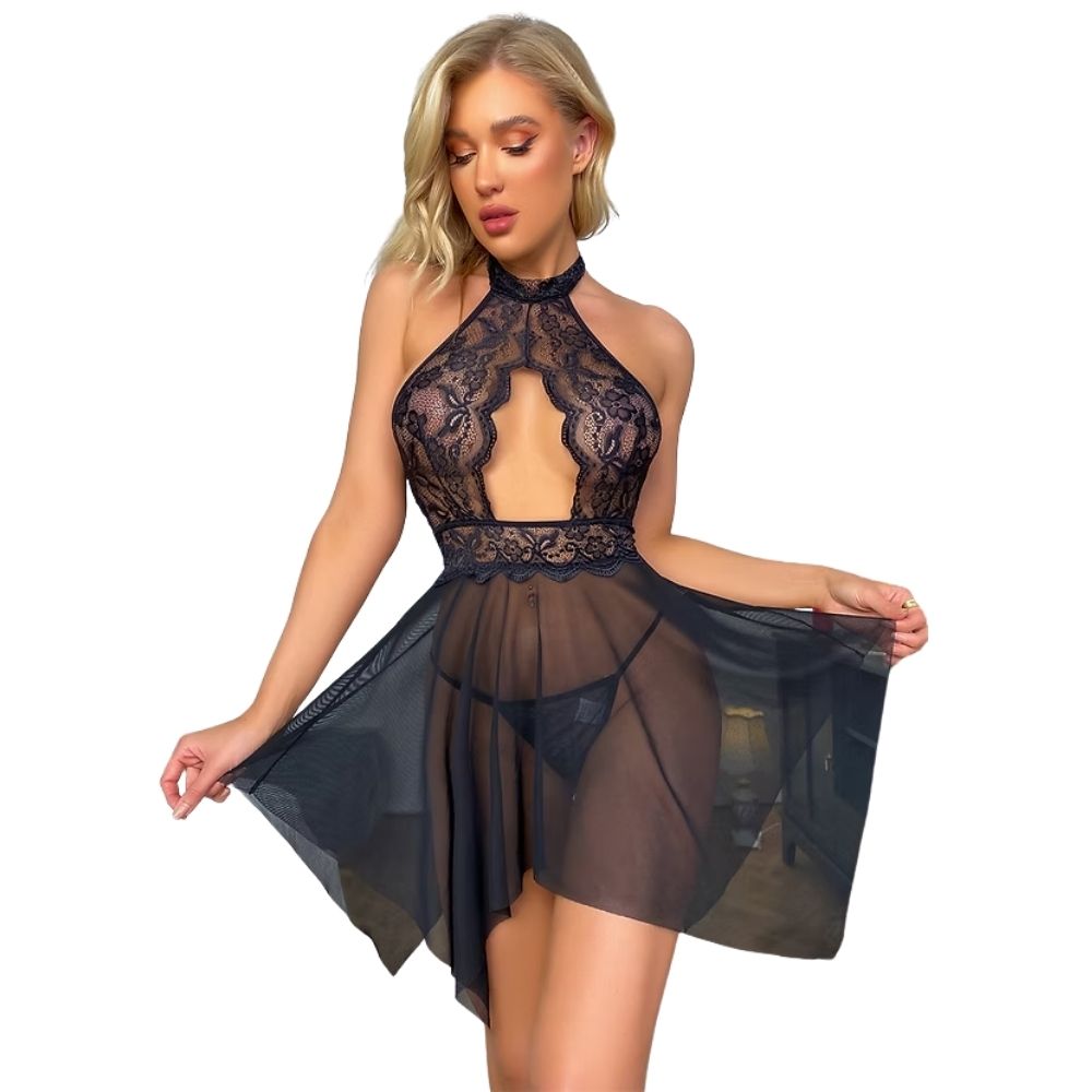 Fantasy Wear Dantel ve Tül Dekolteli Baby-Doll Gecelik L/XL