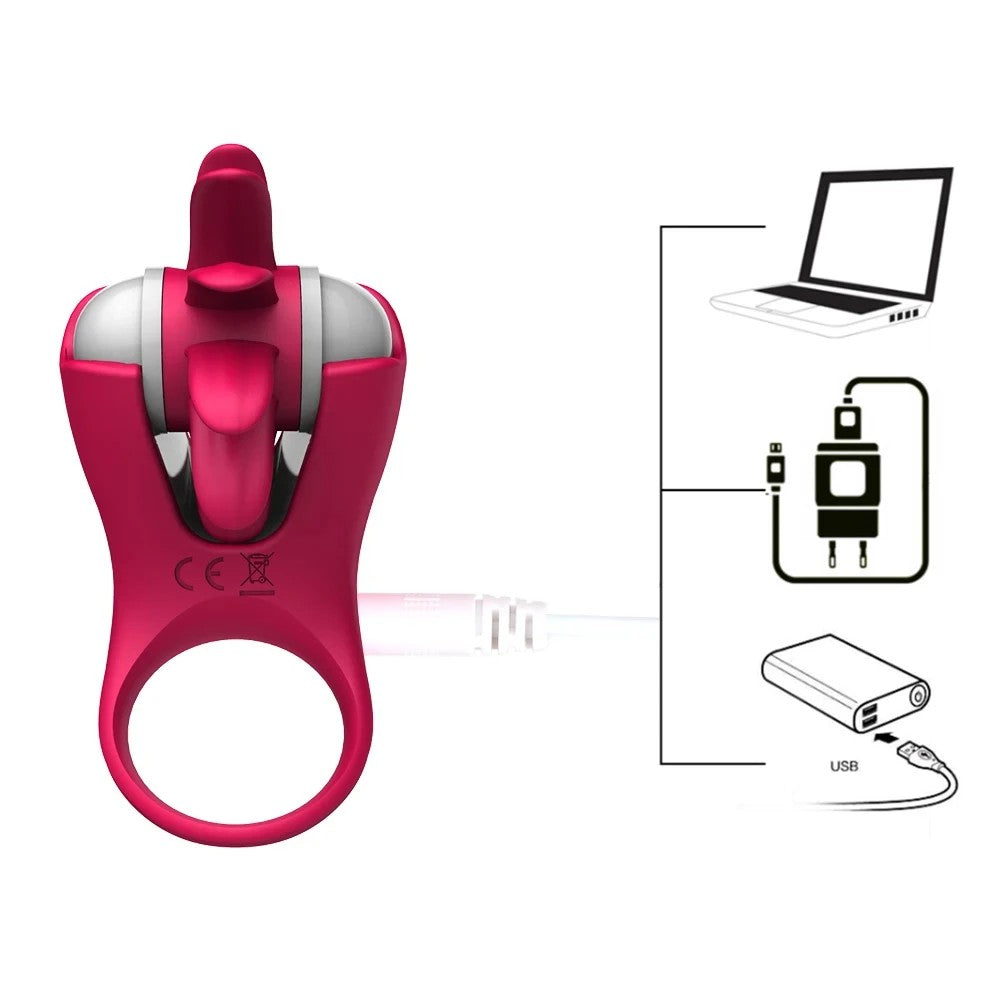 Cock Ring with Tongues Rechargeable Dönen Dilli Penis Halkası Pink
