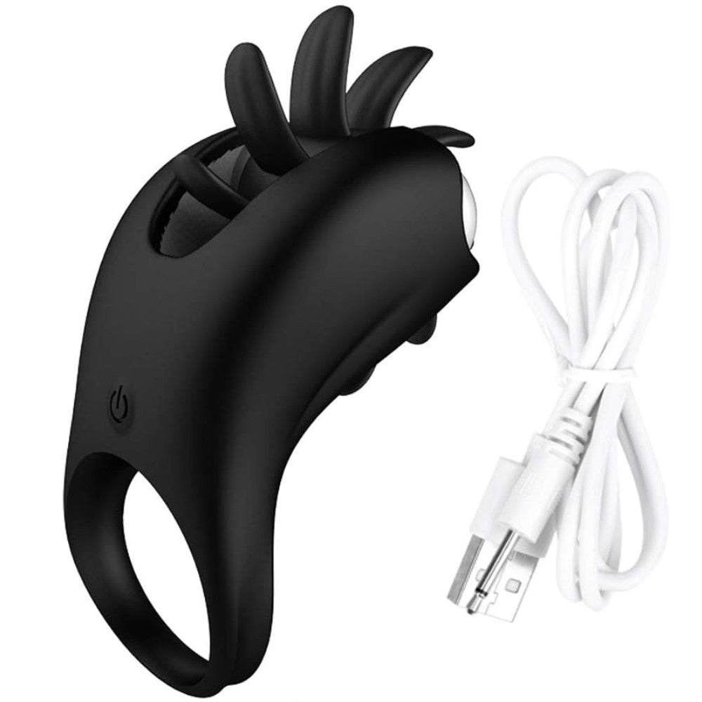Cock Ring with Tongues Rechargeable Dönen Dilli Penis Halkası Black