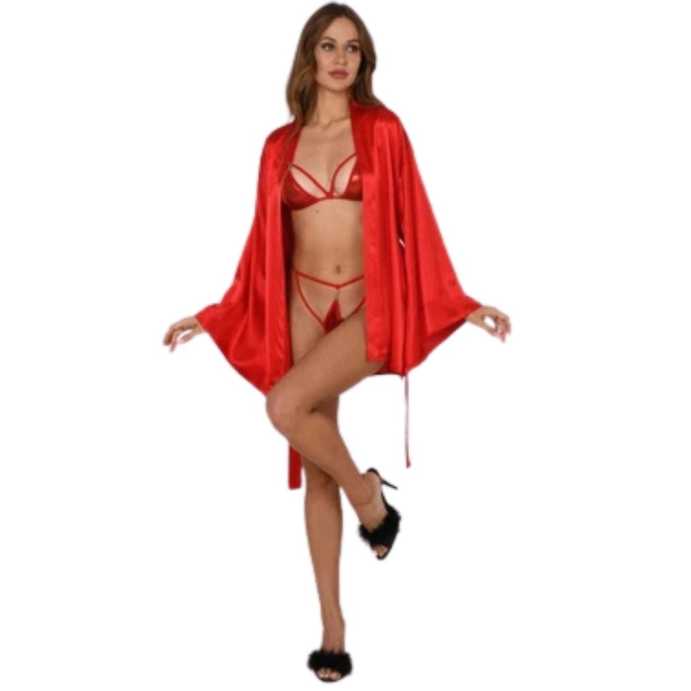 Fantasy Wear Saten Kimonolu Iç Giyim Takımı Kırmızı S/M