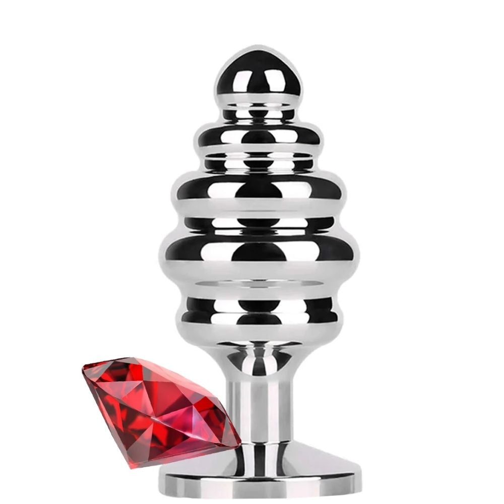 Play Ribbed Taşlı Boğumlu Metal Anal Plug Small Red