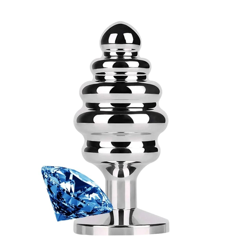 Play Ribbed Taşlı Boğumlu Metal Anal Plug Small Blue