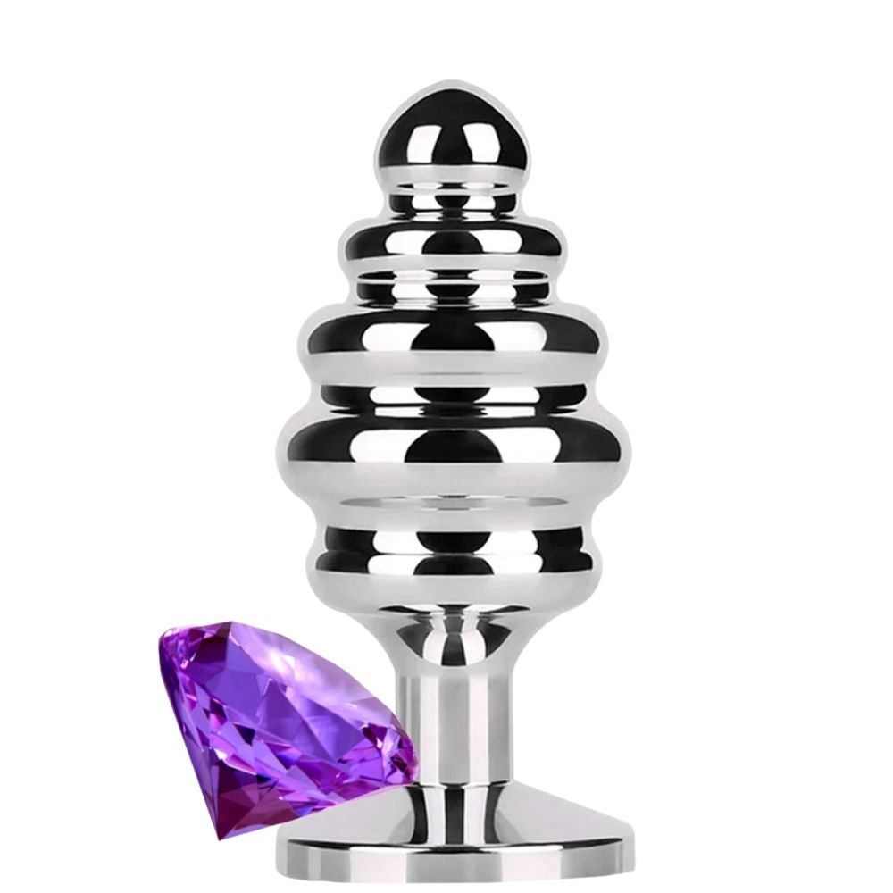 Play Ribbed Taşlı Boğumlu Metal Anal Plug Small Purple