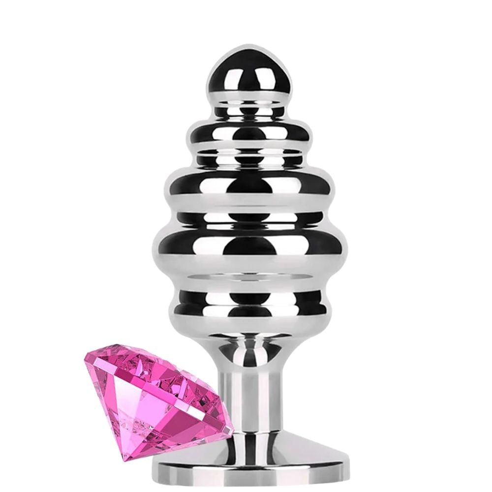 Play Ribbed Taşlı Boğumlu Metal Anal Plug Small Pink