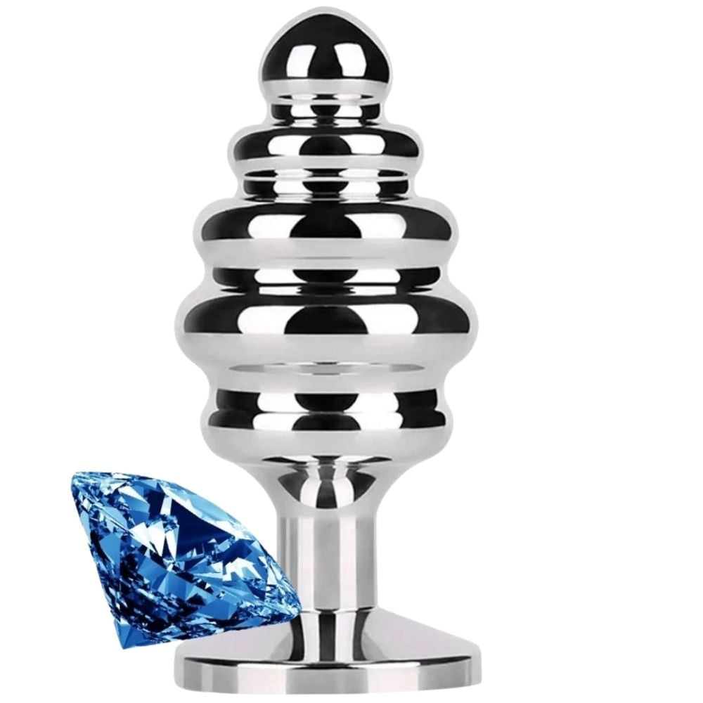 Play Ribbed Taşlı Boğumlu Metal Anal Plug Medium Blue