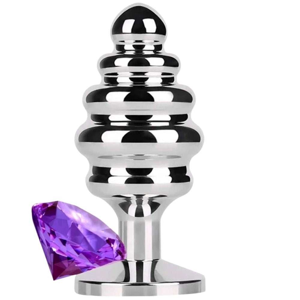 Play Ribbed Taşlı Boğumlu Metal Anal Plug Medium Purple
