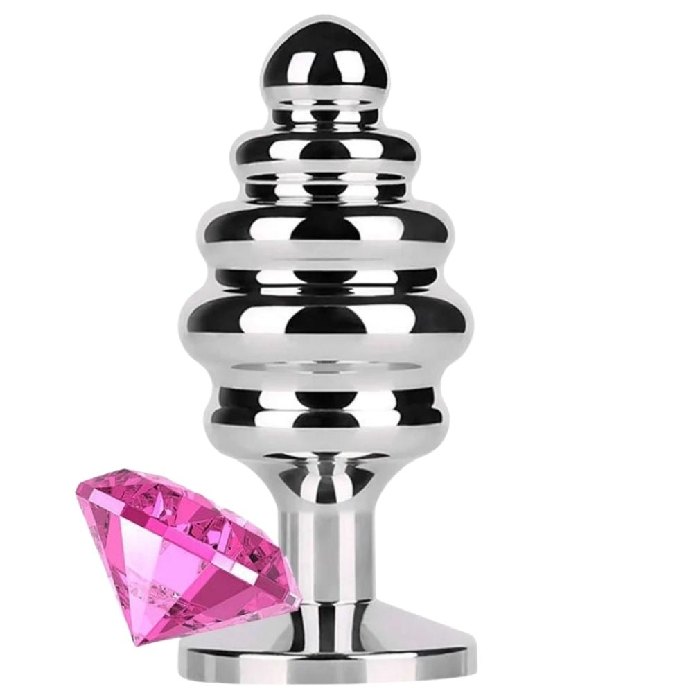 Play Ribbed Taşlı Boğumlu Metal Anal Plug Medium Pink