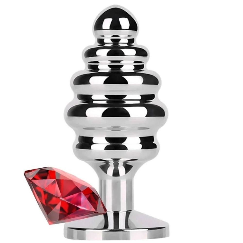 Play Ribbed Taşlı Boğumlu Metal Anal Plug Medium Red
